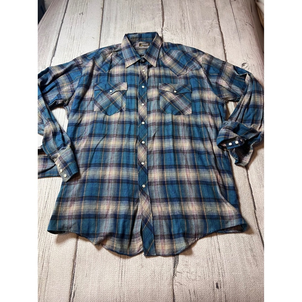 Outlaw Western‎ Wear Shirt Mens Large Blue Plaid Pearl Snap Long Sleeve